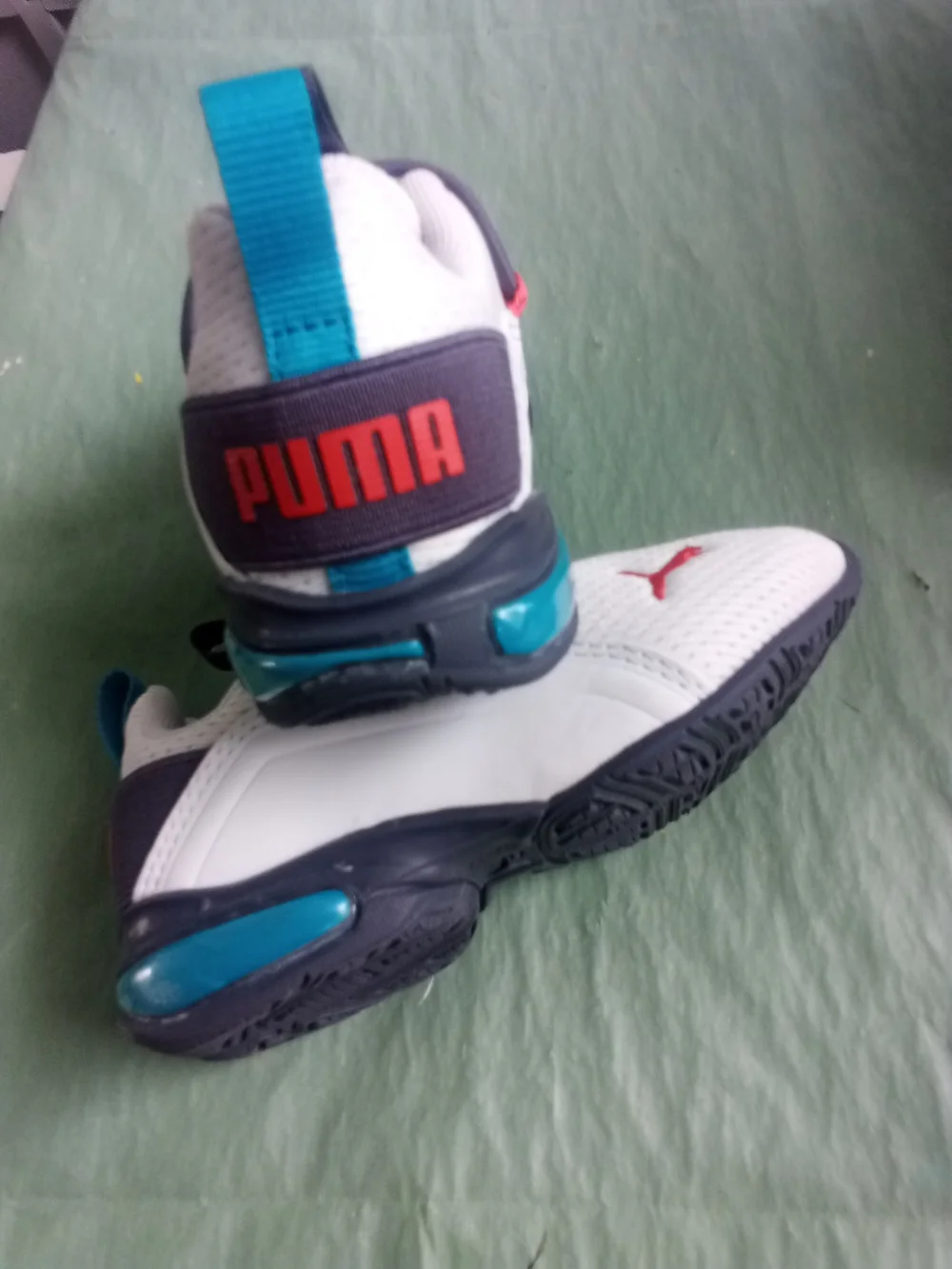 Puma White Mesh Kids Sneakers with Navy Straps and Red Accents